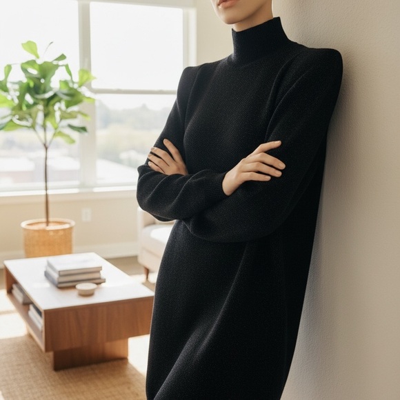 Zara Black Turtleneck Shoulder-Pad Sweater Metalic Long Sleeve Mini Dress - Picture 2 of 13